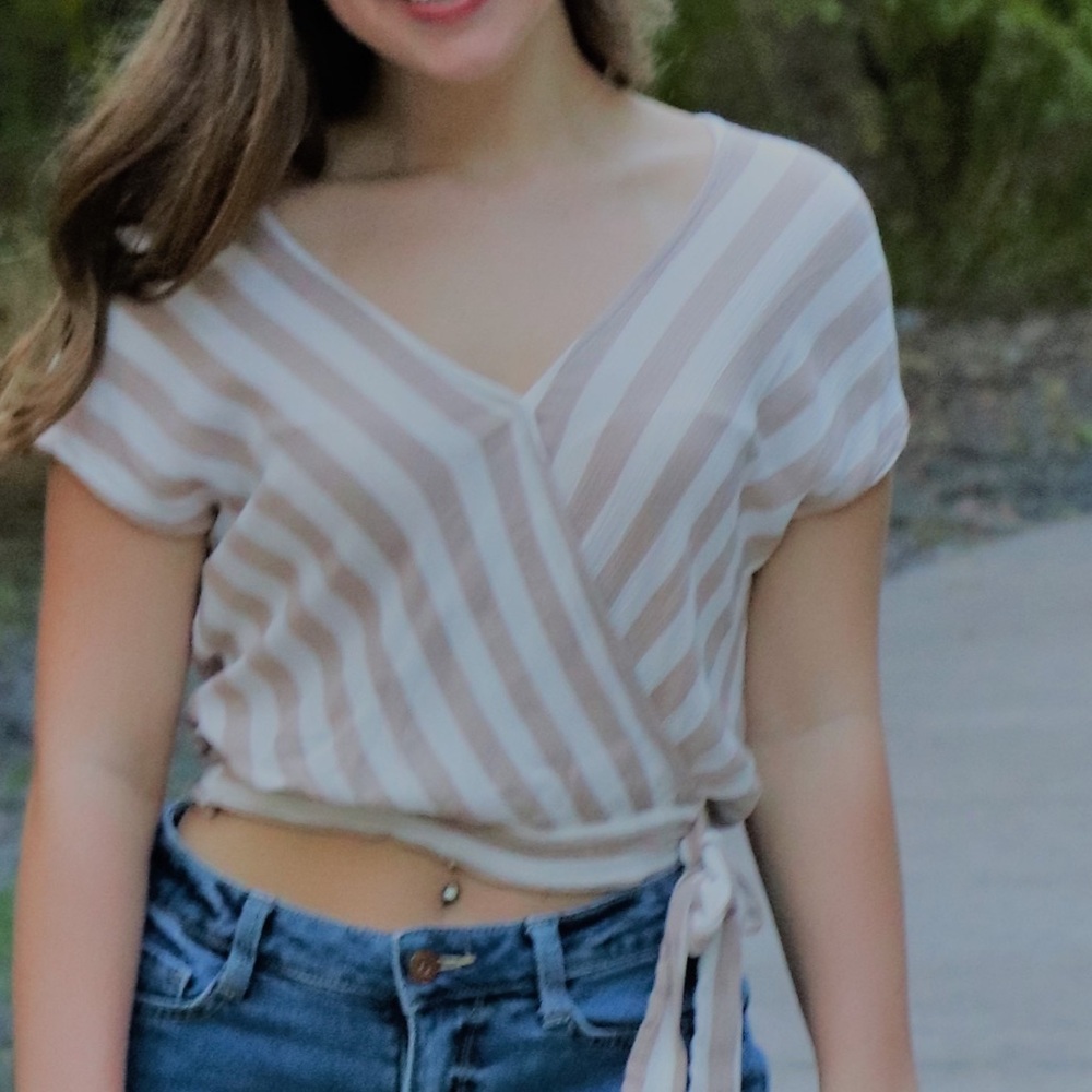 White and cream striped tie crop top